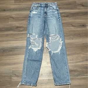 American Eagle 0 Blue Jeans Highest Rise Baggy Straight Strigid Distressed Torn